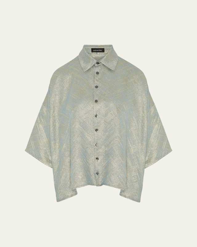 Sloped Shoulder Wide A-Line Short Sleeve Shirt With Collar (Mid Length)